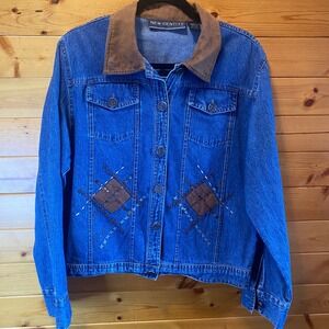 New Identity Women's Blue Denim Jacket Brown Suede Collar Embroidered Size XL